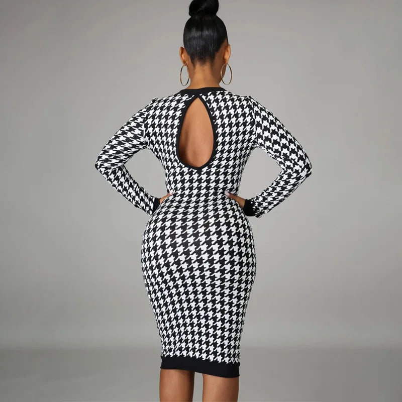 Houndstooth Print Women Long Sleeve Midi Dress