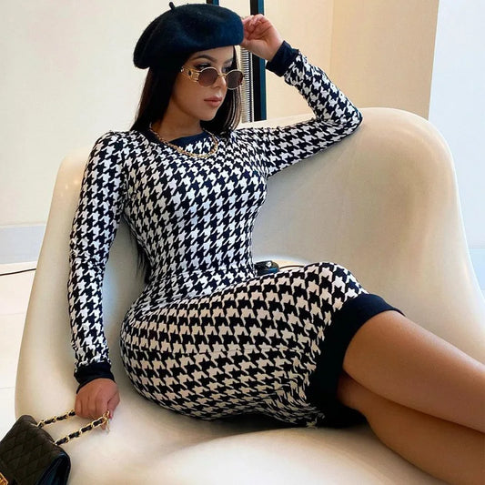 Houndstooth Print Women Long Sleeve Midi Dress