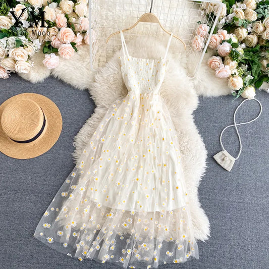 Summer Fashion Daisy Flower Print Mesh Party Dress