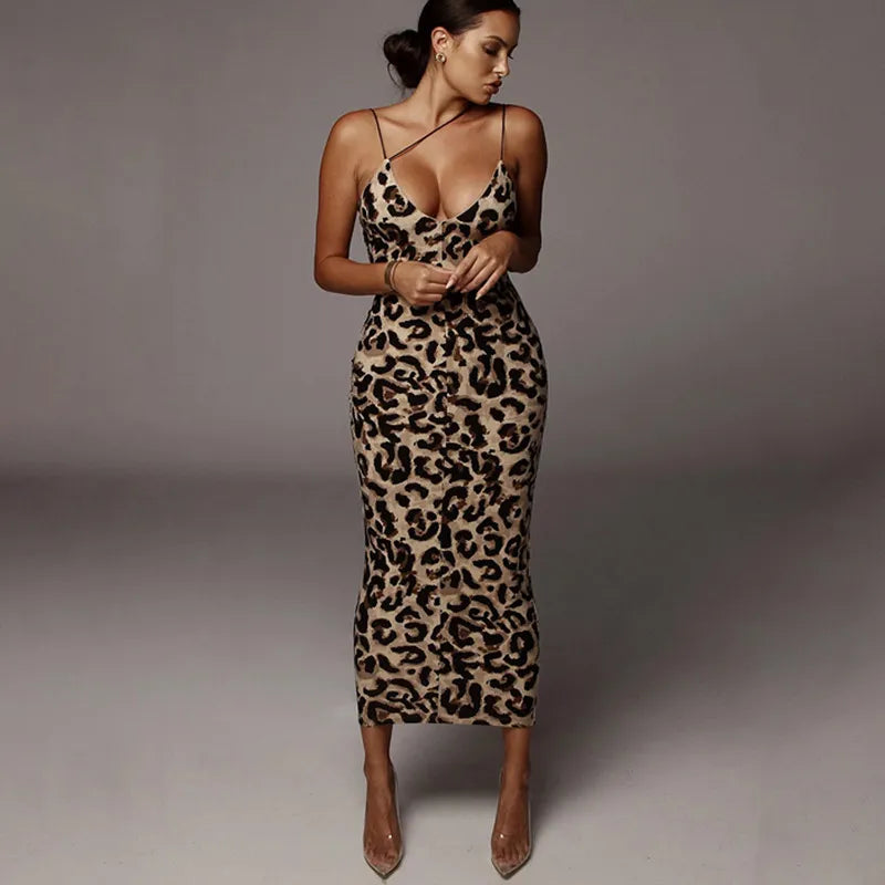 Leopard print sleeveless V-neck midi dress