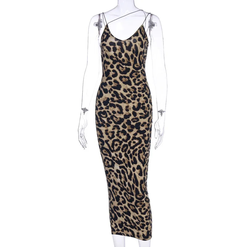 Leopard print sleeveless V-neck midi dress