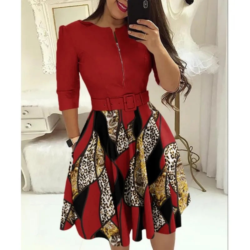 Elegant Print Slim Belt Party Dress For Women