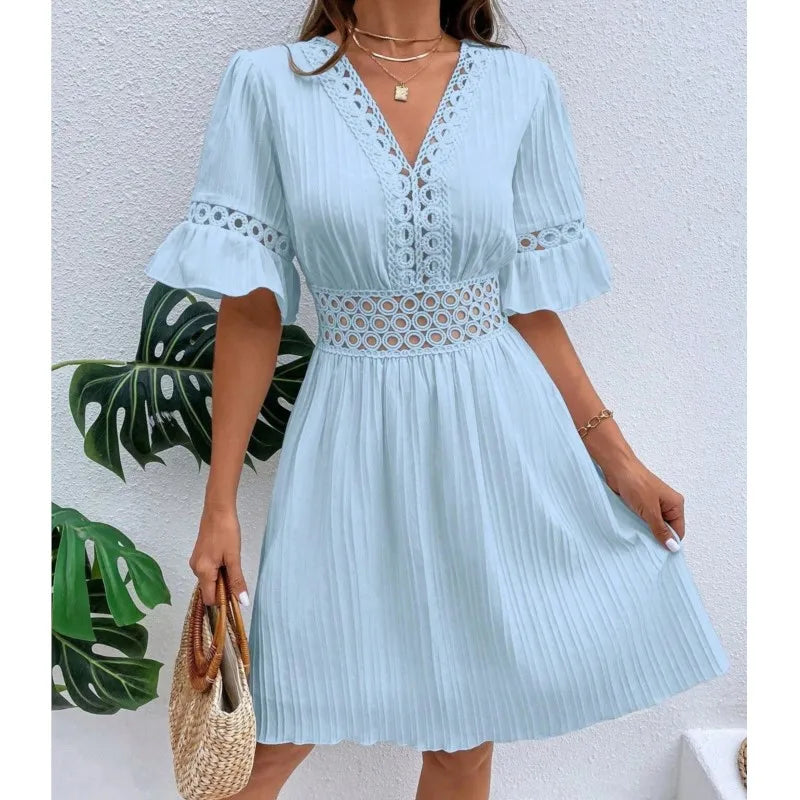 Elegant Women's Mini Dress 2024 Summer Spliced Lace Waist Fashion V-neck Belt