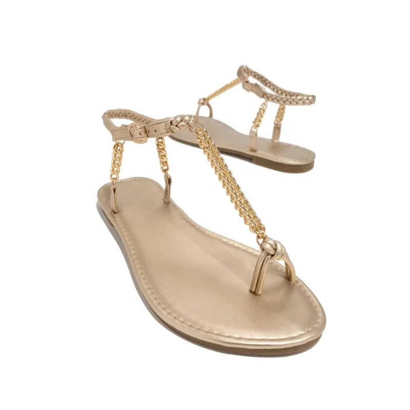 New Summer Ankle Strap Women's Sandals Beach Flip Flops Fashion Gold Flat Roman Women Sandals