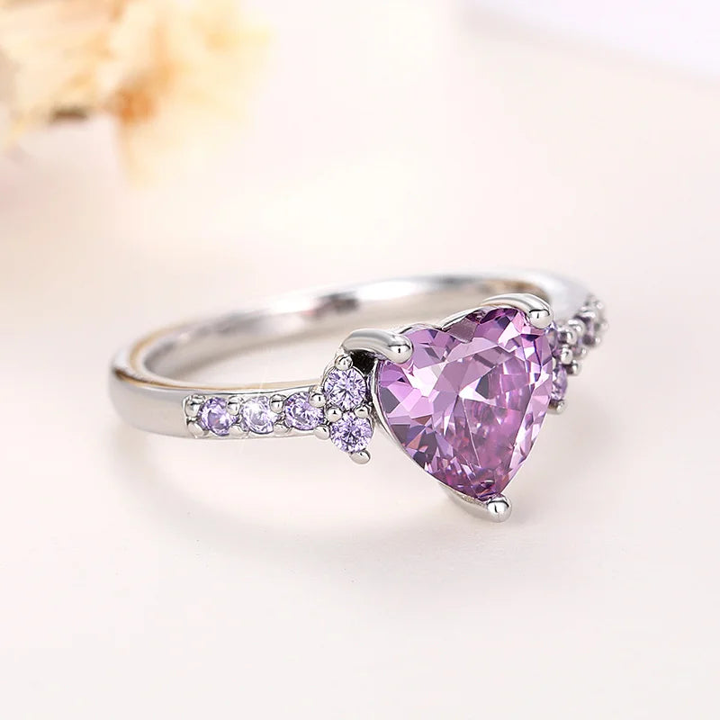 Huitan Purple Heart Cubic Zirconia Rings for Women Unique Wedding Engagement Accessories Fancy Lady Gift Romantic Trendy Jewelry