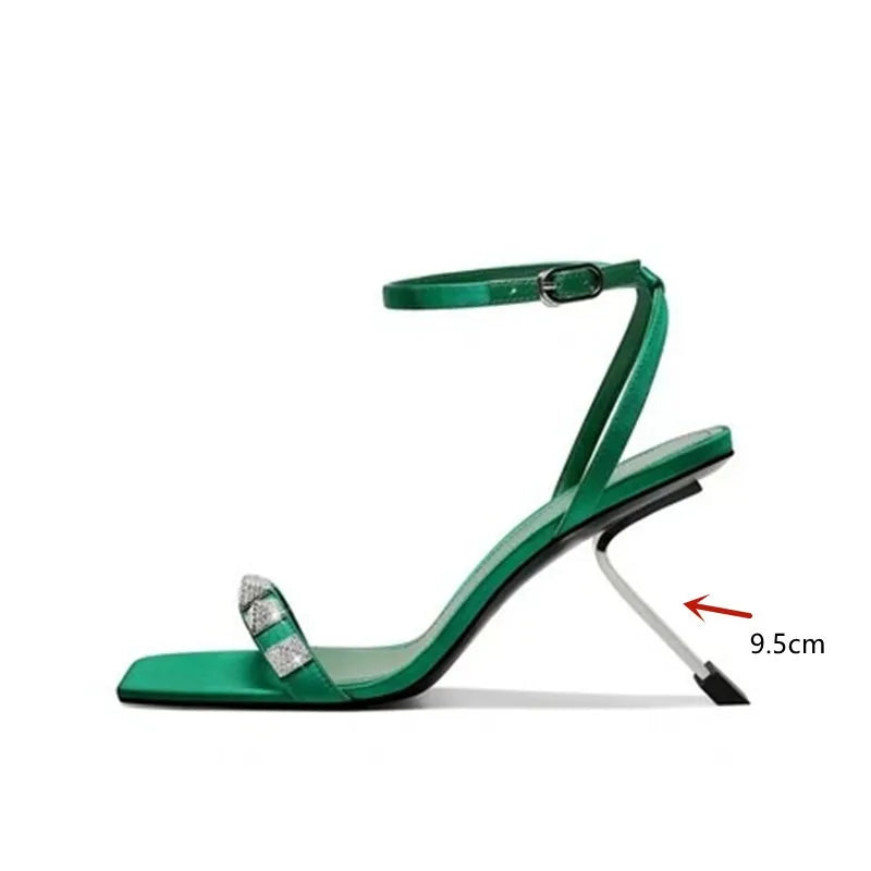 European and American Fashion Square Head Rhinestone Shaped High Heel Buckle Sandals, Women's Fashion Runway Banquet Shoes