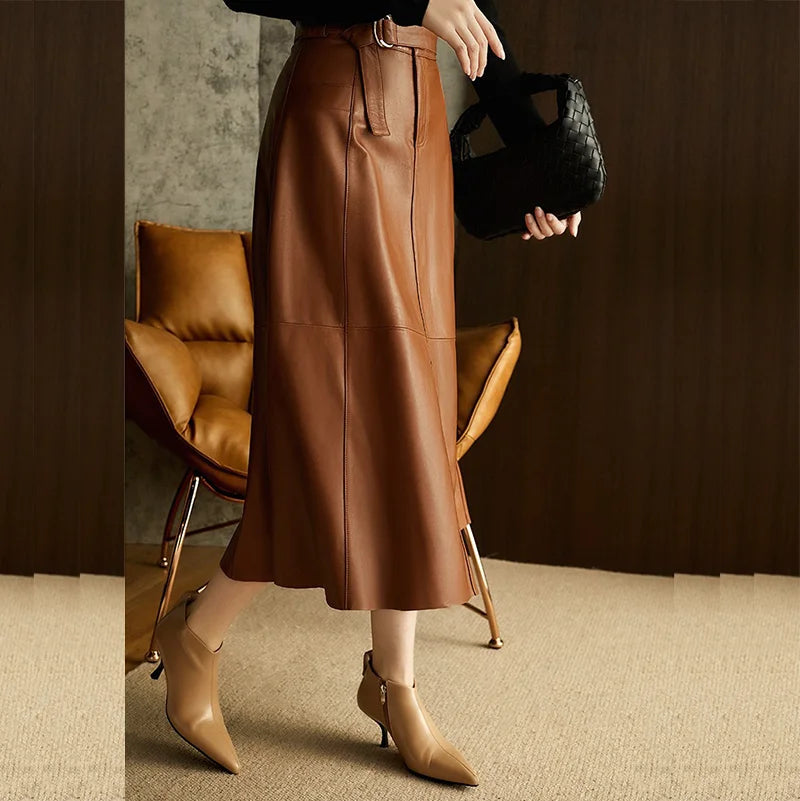 Vintage Brown High Waist A-Line PU Leather Skirt with Belts A Swing Long Skirts Autumn/Winter New in Women Outfits