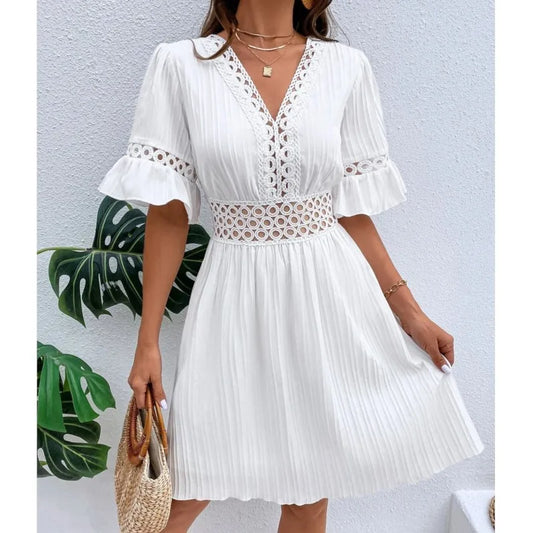 Elegant Women's Mini Dress 2024 Summer Spliced Lace Waist Fashion V-neck Belt