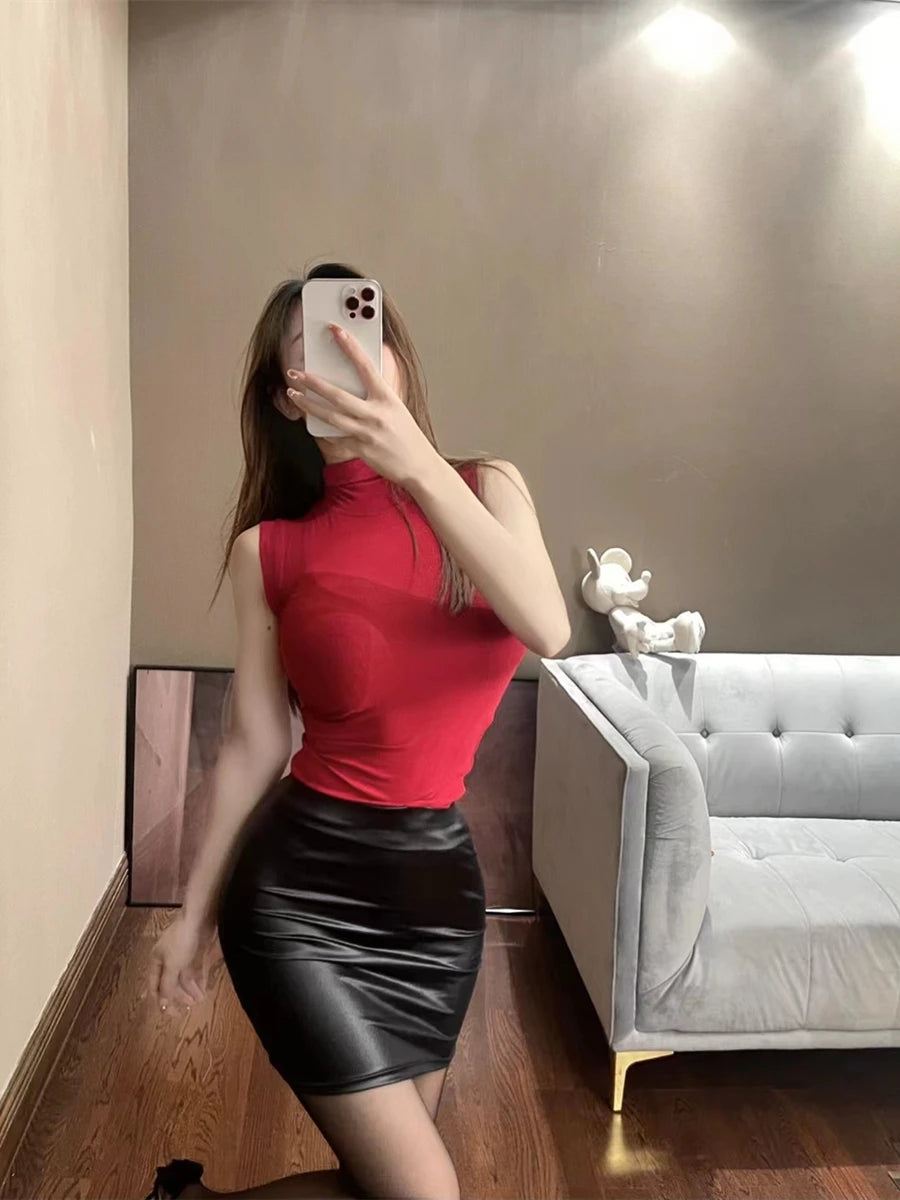 WOMEN GAGA Leather Matte Slim Mini Skirt