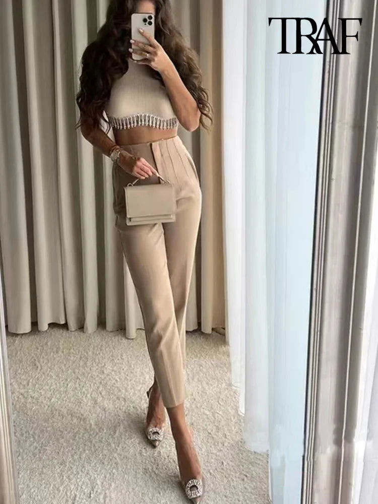 Women Fashion With Pockets Casual Basic Solid Pants Vintage High Waist Zipper Fly Female Ankle Trousers Pantalones Mujer