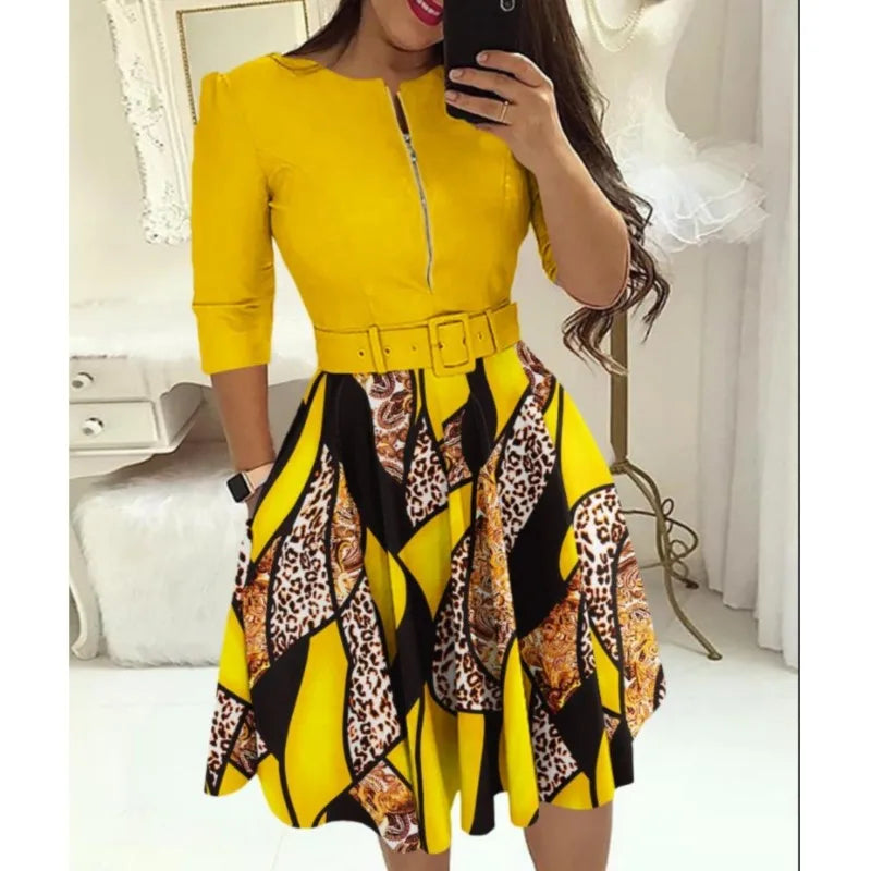 Elegant Print Slim Belt Party Dress For Women