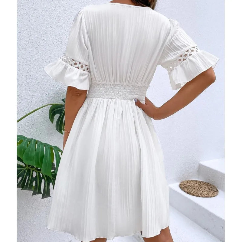 Elegant Women's Mini Dress 2024 Summer Spliced Lace Waist Fashion V-neck Belt