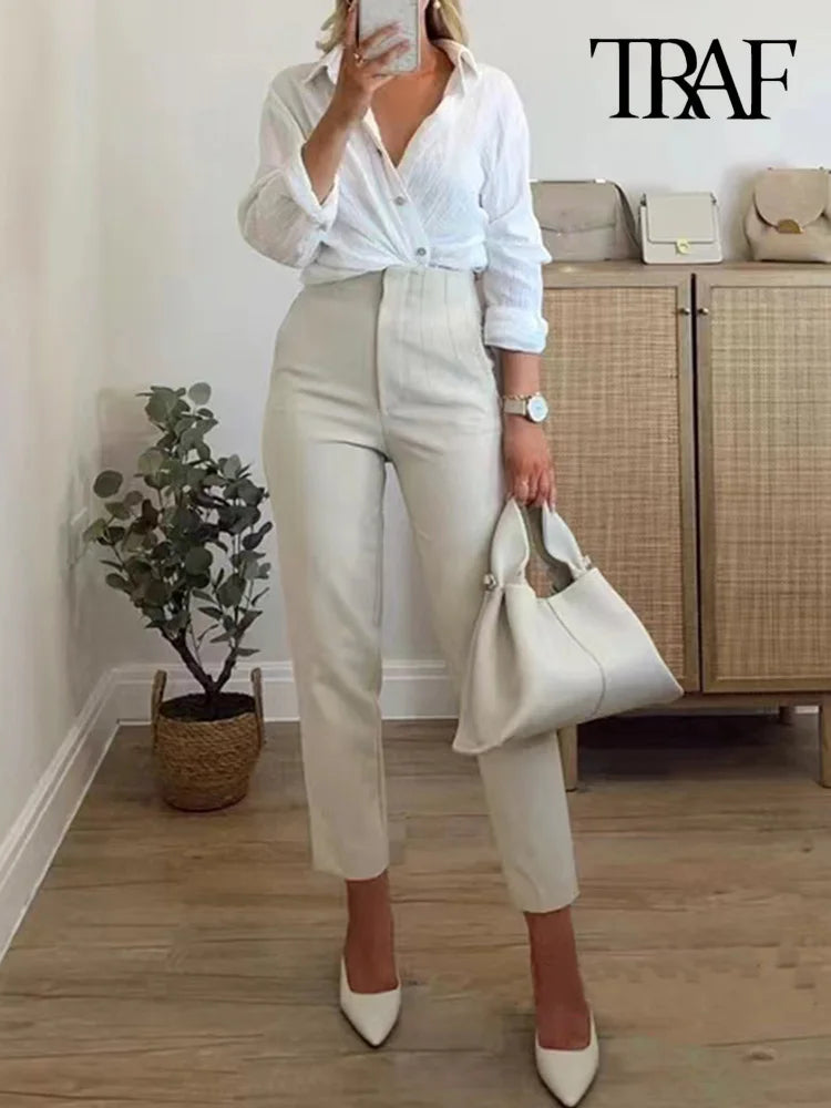 Women Fashion With Pockets Casual Basic Solid Pants Vintage High Waist Zipper Fly Female Ankle Trousers Pantalones Mujer