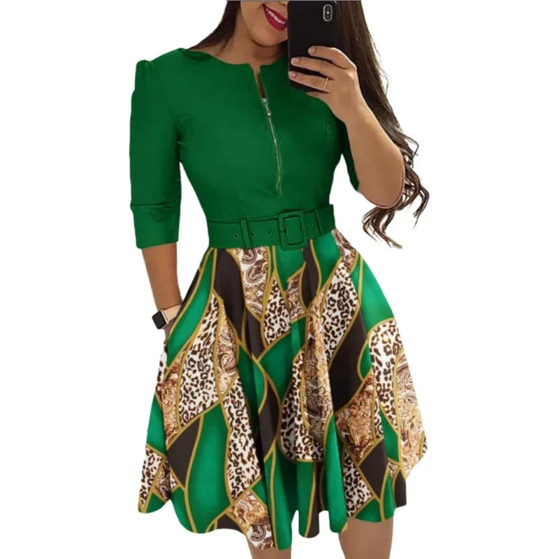 Elegant Print Slim Belt Party Dress For Women