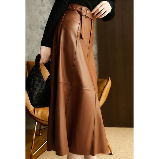 Vintage Brown High Waist A-Line PU Leather Skirt with Belts A Swing Long Skirts Autumn/Winter New in Women Outfits