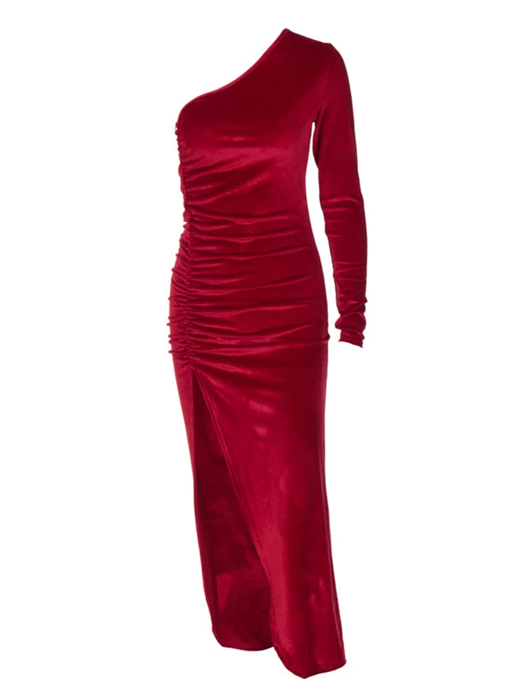 Women Velvet Bodycon Split Pencil Midi Dress 2024