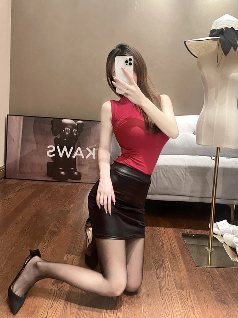 WOMEN GAGA Leather Matte Slim Mini Skirt