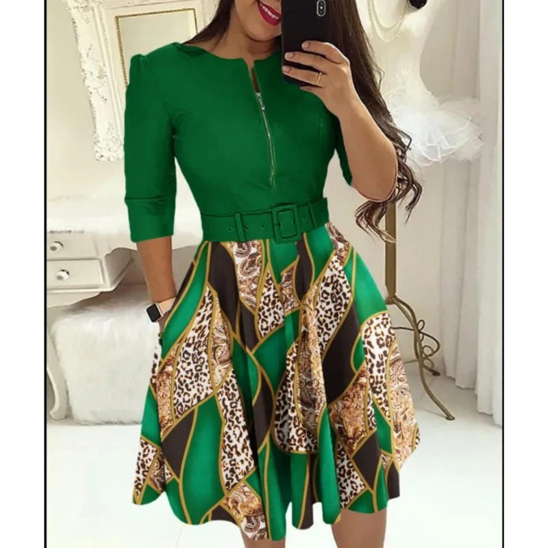 Elegant Print Slim Belt Party Dress For Women