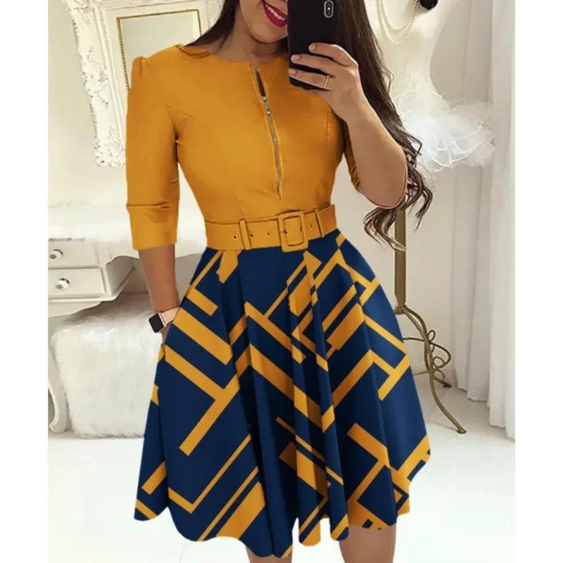 Elegant Print Slim Belt Party Dress For Women