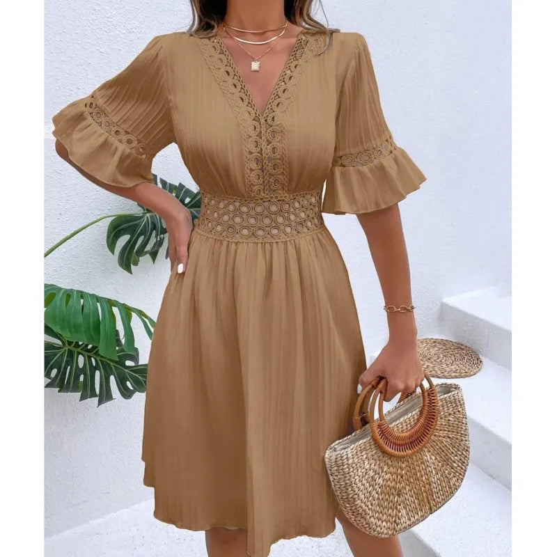 Elegant Women's Mini Dress 2024 Summer Spliced Lace Waist Fashion V-neck Belt