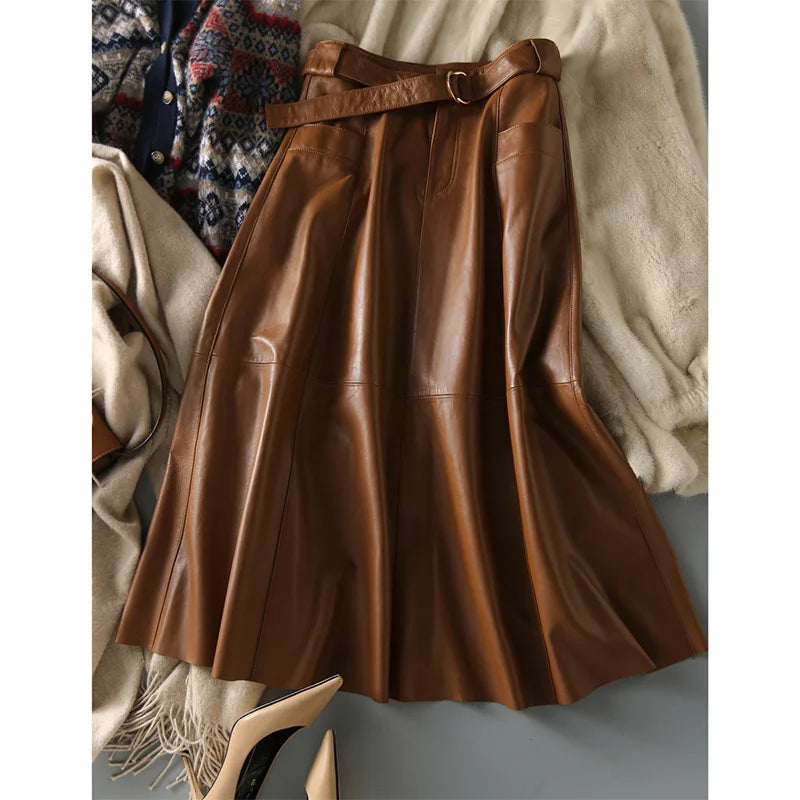 Vintage Brown High Waist A-Line PU Leather Skirt with Belts A Swing Long Skirts Autumn/Winter New in Women Outfits