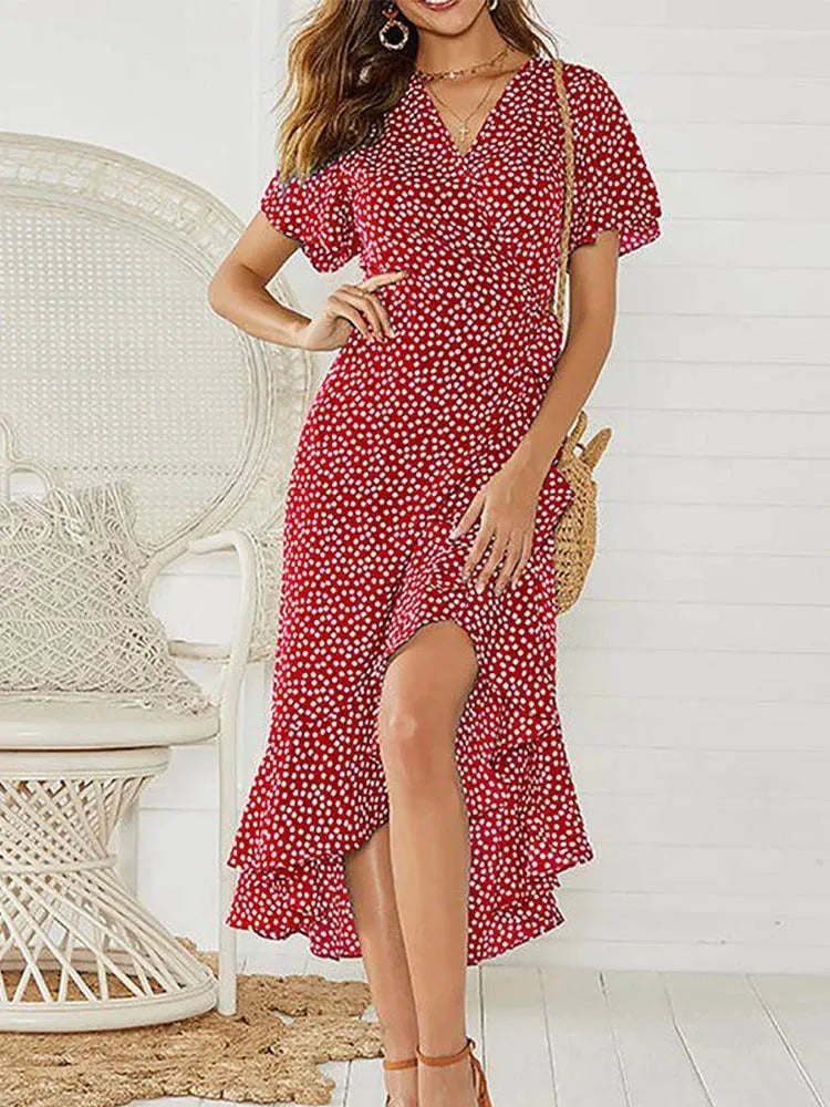 Summer Beach Maxi Dress Women Floral Print Boho Long Chiffon Dress