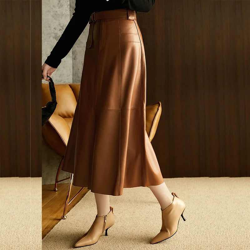 Vintage Brown High Waist A-Line PU Leather Skirt with Belts A Swing Long Skirts Autumn/Winter New in Women Outfits