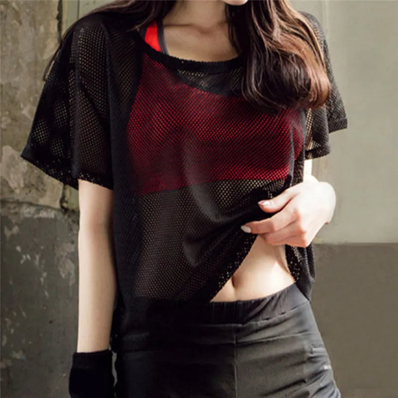 Women's Mesh Yoga Shirt Sexy Short Sleeve T-Shirt Sport Top Blouse Cover Up Quick Dry Gym Clothes Running Fitness Tank Sportwear